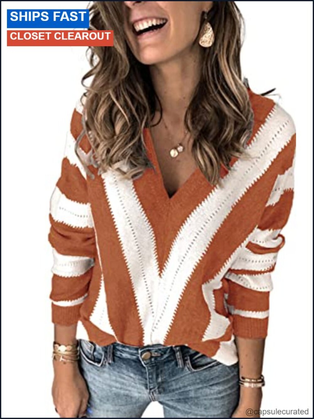 Long Sleeve Knit Pullover Sweater Cozy Winter V-Neck Casual Loose Fit